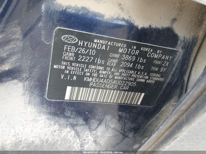 2010 Hyundai Elantra VIN KMHDU4AD5AU022905 IAAI salvage auction — FRONT END, Salvage (Texas), sold $350 on 2026-07-15 (photo 9)