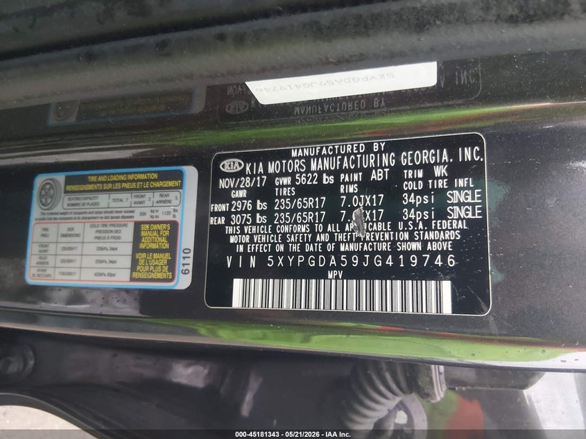 2018 Kia Sorento VIN 5XYPGDA59JG419746 IAAI salvage auction — REAR END, Clear (Arkansas), sold $1,550 on 2026-08-02 (photo 9)