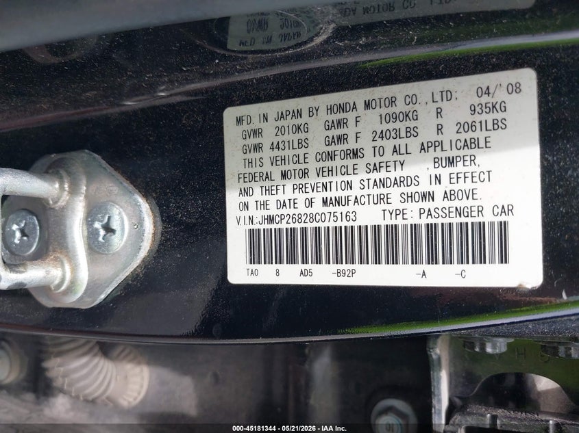 2008 Honda Accord VIN JHMCP26828C075163 IAAI salvage auction — SIDE, Salvage (Louisiana), sold $200 on 2026-07-29 (photo 9)