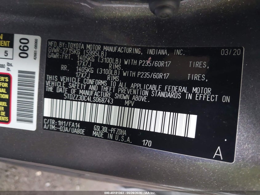 2020 Toyota Sienna VIN 5TDZZ3DC4LS068743 IAAI salvage auction — FRONT END, Salvage (Virginia), sold $4,050 on 2026-07-19 (photo 9)