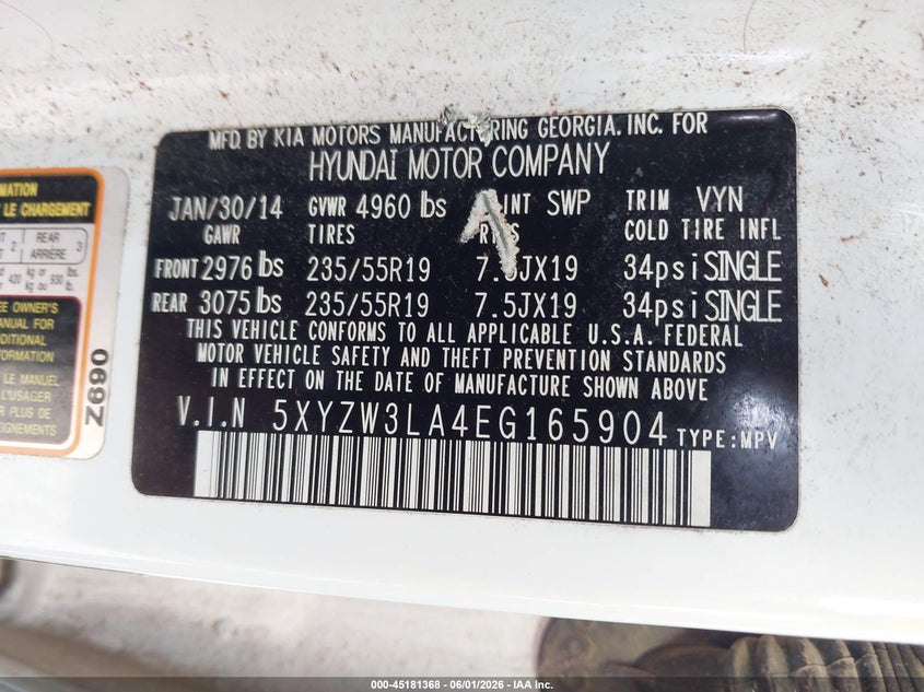 2014 Hyundai Santa fe VIN 5XYZW3LA4EG165904 IAAI salvage auction — HAIL, Salvage Title, sold $1,625 on 2026-08-03 (photo 9)