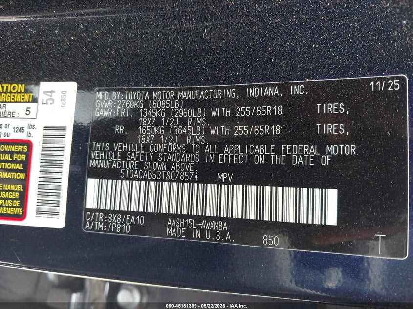 2026 Toyota Highlander VIN 5TDACAB53TS078574 IAAI salvage auction — ALL OVER, Salvage (Idaho), sold $3,150 on 2026-07-29 (photo 9)