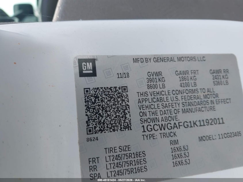 2019 Chevrolet Express VIN 1GCWGAFG1K1192011 IAAI salvage auction — FRONT END, Salvage Title, sold $1,600 on 2026-07-10 (photo 9)