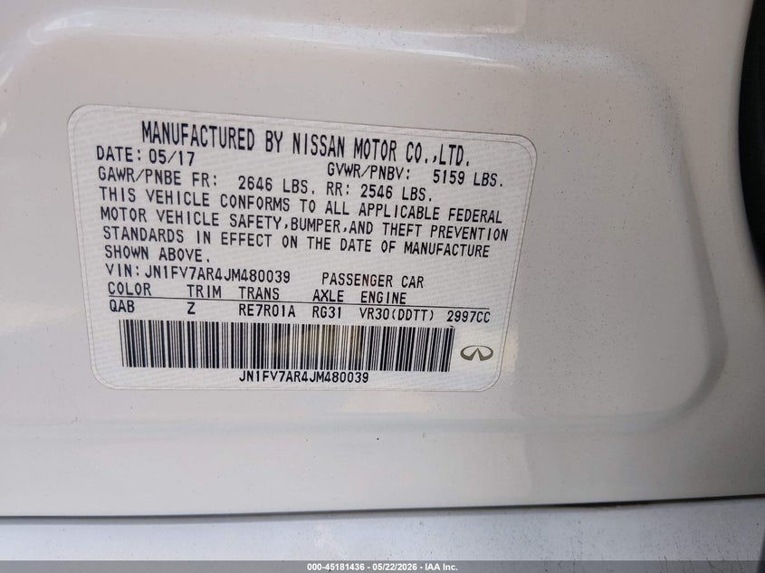 2018 Infiniti Q50 VIN JN1FV7AR4JM480039 IAAI salvage auction — THEFT, Rebuildable (Florida), sold $525 on 2026-07-30 (photo 9)