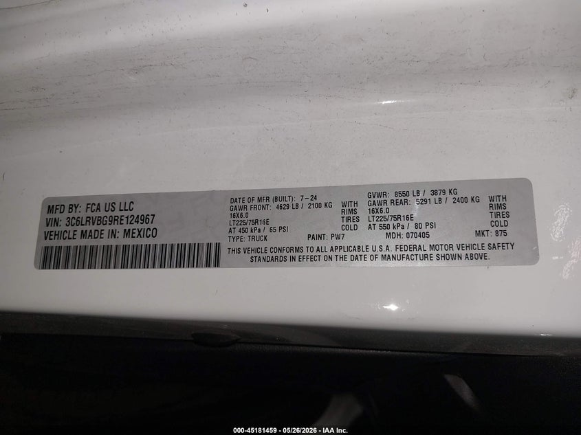 2024 Ram Promaster city VIN 3C6LRVBG9RE124967 IAAI salvage auction — FRONT END, Mv-907A (New York), sold $6,000 on 2026-07-09 (photo 9)