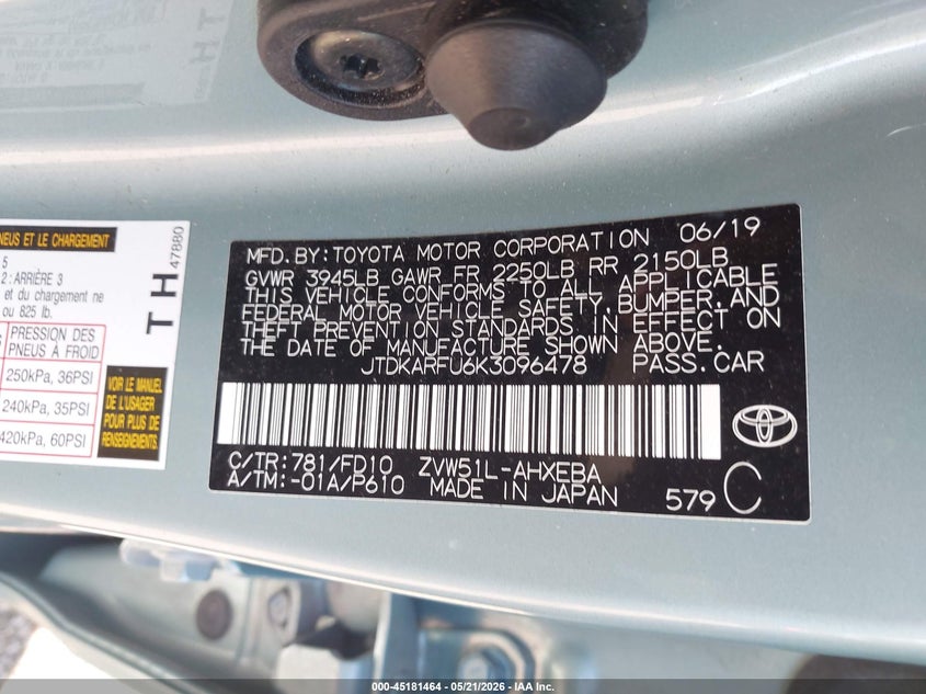 2019 Toyota Prius VIN JTDKARFU6K3096478 IAAI salvage auction — FRONT END, Salvage (Ohio), sold $2,900 on 2026-07-07 (photo 9)
