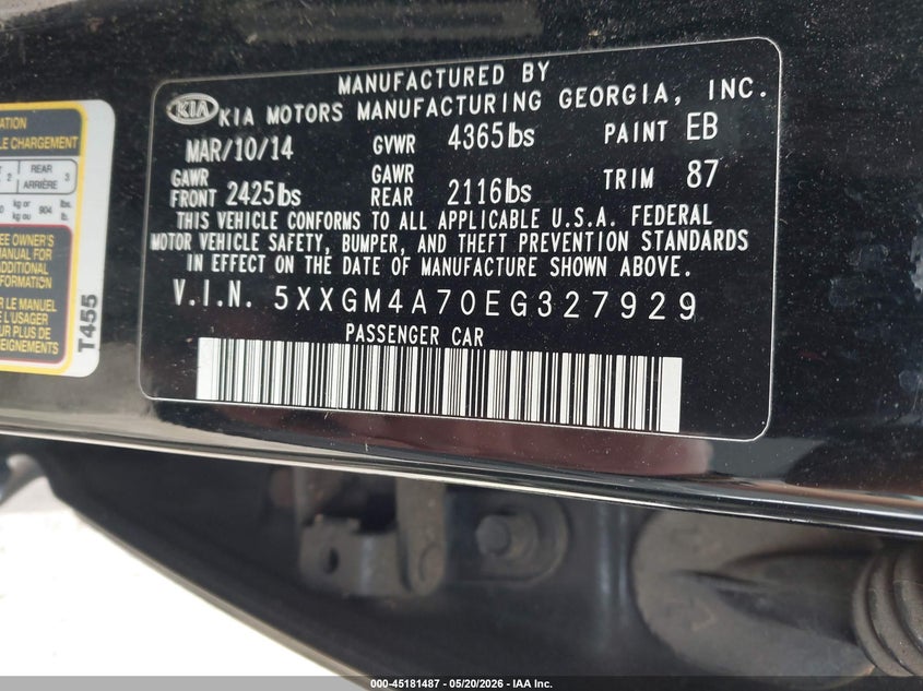 2014 Kia Optima VIN 5XXGM4A70EG327929 IAAI salvage auction — FRONT & REAR, Clear (Indiana), sold $300 on 2026-07-07 (photo 9)