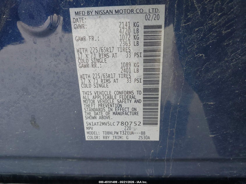 2020 Nissan Rogue VIN 5N1AT2MV5LC780752 IAAI salvage auction — FRONT END, Salvage Title, sold $1,300 on 2026-08-27 (photo 9)