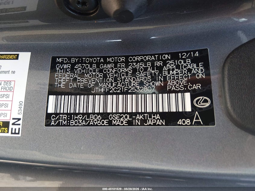 2015 Lexus Is VIN JTHFF2C21F2532807 IAAI salvage auction — FRONT END, Salvage Title, sold $8,000 on 2026-07-16 (photo 9)