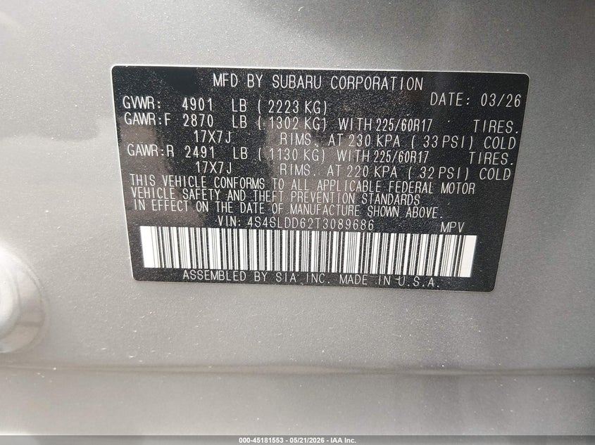 2026 Subaru Forester VIN 4S4SLDD62T3089686 IAAI salvage auction — FRONT END, Salvage Title, sold $8,500 on 2026-08-31 (photo 9)
