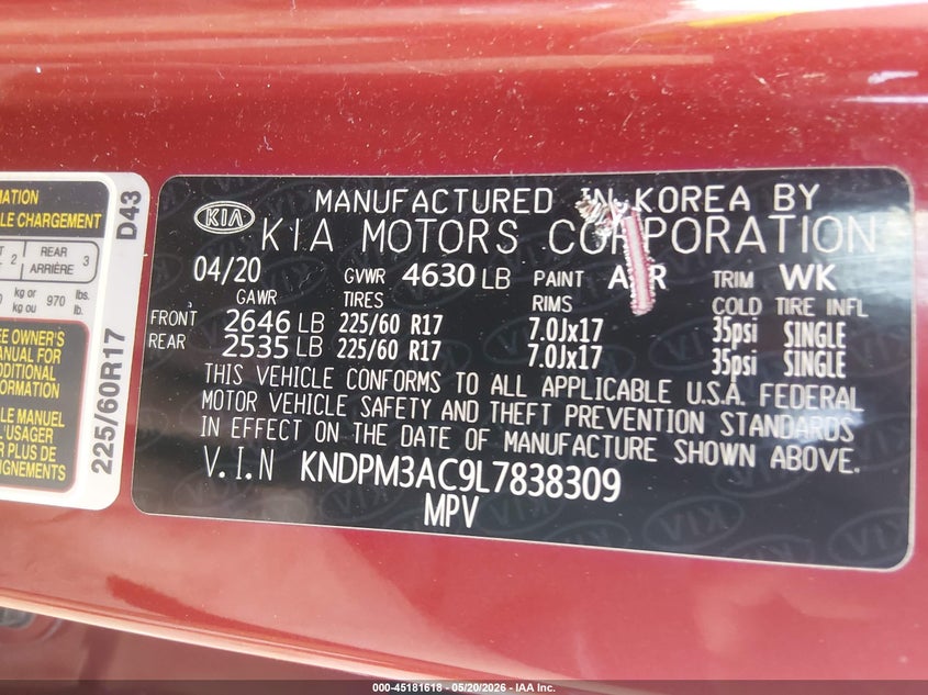 2020 Kia Sportage VIN KNDPM3AC9L7838309 IAAI salvage auction — FRONT END, Salvage (South Carolina), sold $2,250 on 2026-07-29 (photo 9)