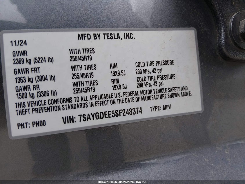 2025 Tesla Model y VIN 7SAYGDEE5SF248374 IAAI salvage auction — FRONT END, Salvage (California), sold $10,350 on 2026-07-27 (photo 8)