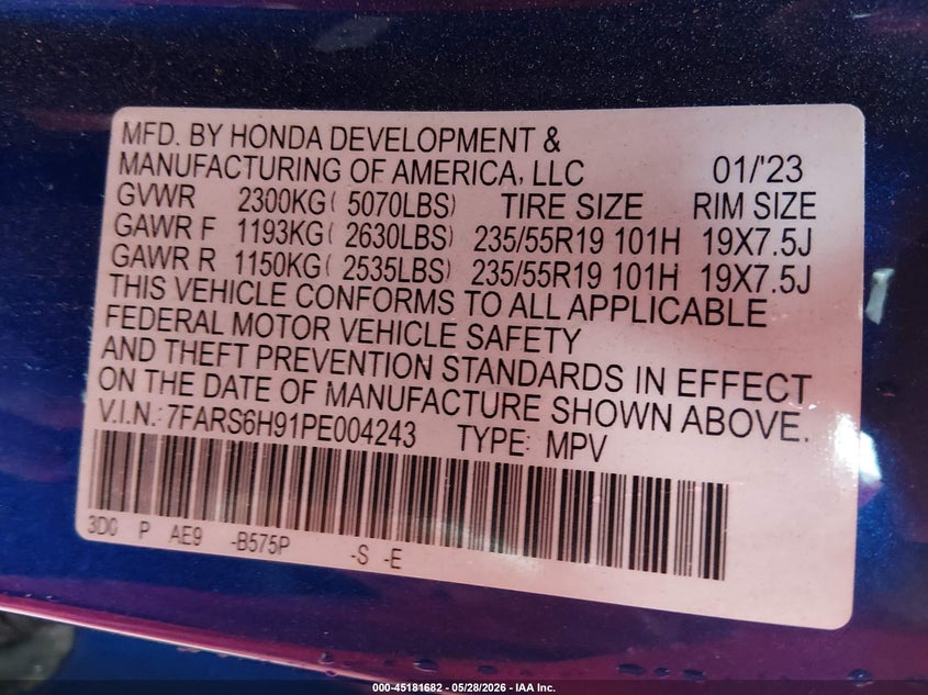 2023 Honda Cr-v VIN 7FARS6H91PE004243 IAAI salvage auction — ROLLOVER, Salvage Title, sold $2,600 on 2026-07-17 (photo 9)