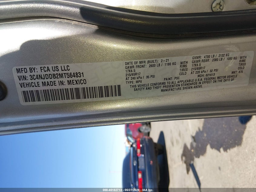 2021 Jeep Compass VIN 3C4NJDDB2MT564831 IAAI salvage auction — FRONT END, Salvage (Utah), sold $3,400 on 2026-07-09 (photo 9)