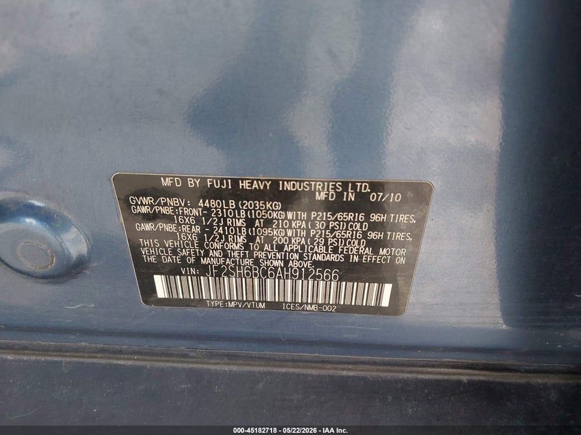 2010 Subaru Forester VIN JF2SH6BC6AH912566 IAAI salvage auction — REAR END, Salvage (Utah), sold $400 on 2026-07-09 (photo 9)
