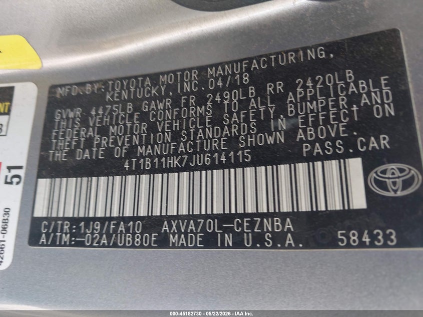 2018 Toyota Camry VIN 4T1B11HK7JU614115 IAAI salvage auction — SIDE, Original (Texas), sold $3,050 on 2026-07-09 (photo 9)