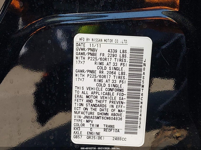 2012 Nissan Rogue VIN JN8AS5MT6CW604836 IAAI salvage auction — FRONT END, Salvage (California), sold $1,150 on 2026-07-09 (photo 9)