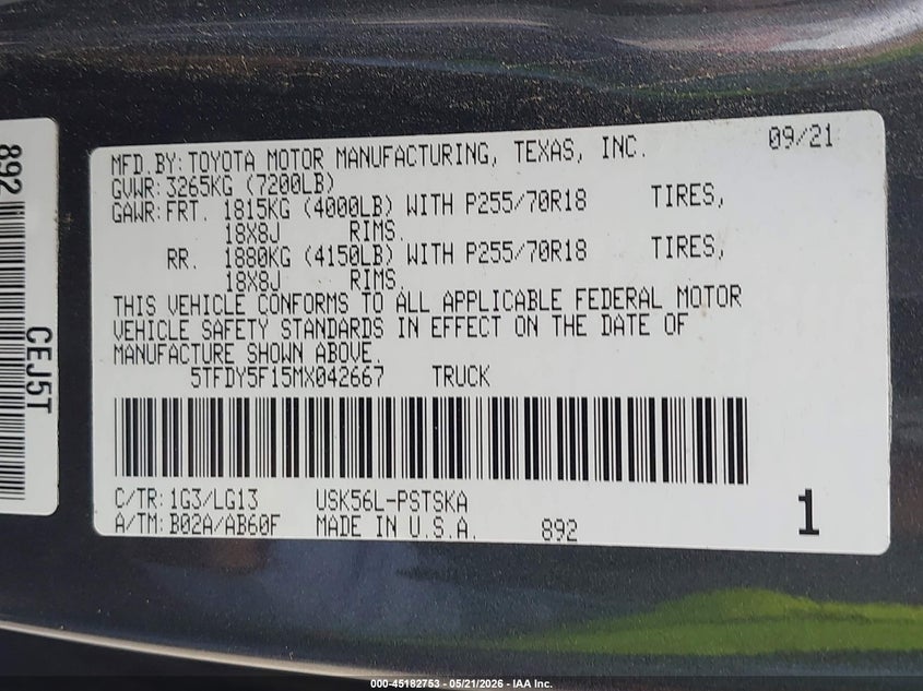 2021 Toyota Tundra VIN 5TFDY5F15MX042667 IAAI salvage auction — FRONT END, Original (Texas), sold $15,200 on 2026-07-29 (photo 9)