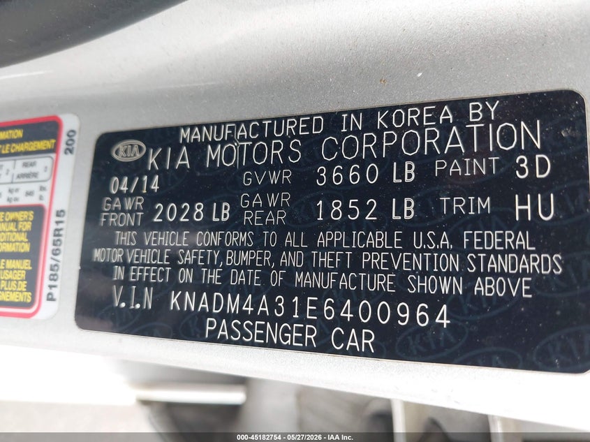 2014 Kia Rio VIN KNADM4A31E6400964 IAAI salvage auction — LEFT FRONT, Salvage (North Carolina), sold $400 on 2026-07-08 (photo 9)