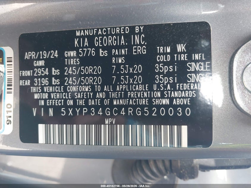 2024 Kia Telluride VIN 5XYP34GC4RG520030 IAAI salvage auction — RIGHT FRONT, Salvage (Arkansas), sold $10,600 on 2026-07-29 (photo 9)