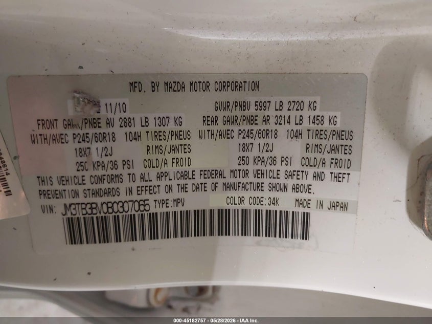 2011 Mazda Cx-9 VIN JM3TB3BV0B0307065 IAAI salvage auction — HAIL, Salvage (Iowa), sold $725 on 2026-07-25 (photo 9)