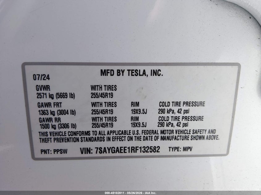 2024 Tesla Model y VIN 7SAYGAEE1RF132582 IAAI salvage auction — REAR END, Salvage (New Jersey), sold $10,600 on 2026-07-30 (photo 9)