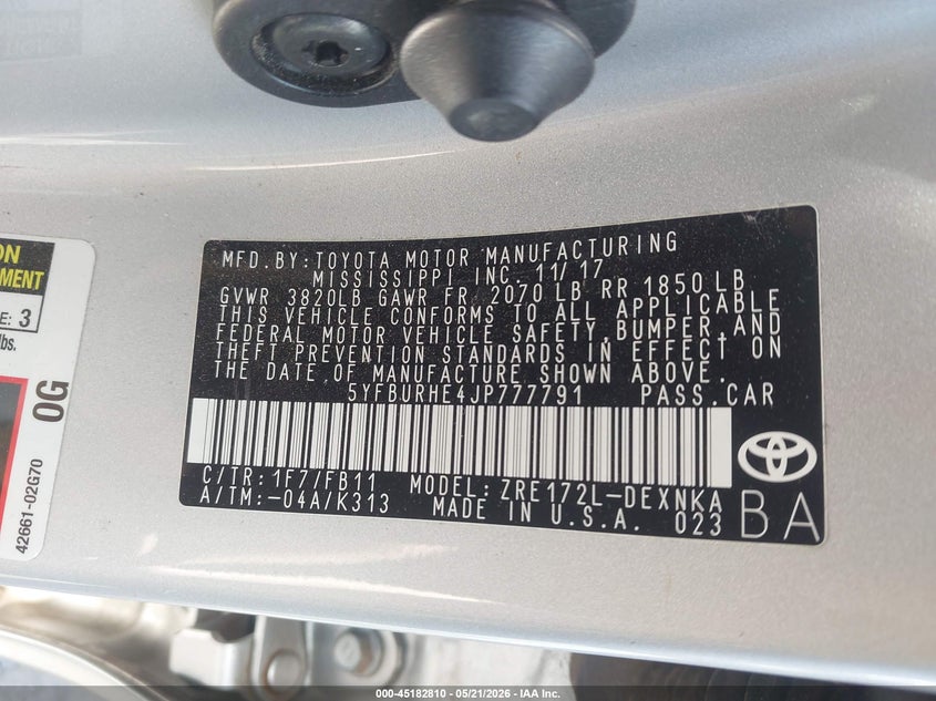 2018 Toyota Corolla VIN 5YFBURHE4JP777791 IAAI salvage auction — RIGHT FRONT, Salvage (North Carolina), sold $525 on 2026-07-22 (photo 9)