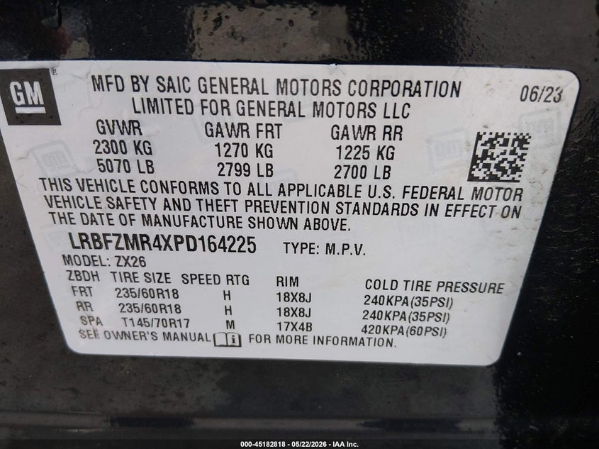 2023 Buick Envision VIN LRBFZMR4XPD164225 IAAI salvage auction — FRONT & REAR, Salvage (Arkansas), sold $3,000 on 2026-07-08 (photo 9)