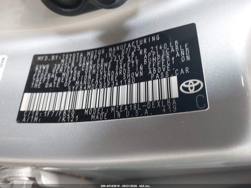 2025 Toyota Corolla VIN 5YFB4MDE6SP341180 IAAI salvage auction — REAR END, Salvage (North Carolina), sold $8,300 on 2026-07-16 (photo 9)