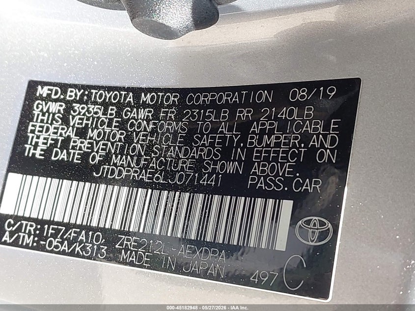2020 Toyota Corolla VIN JTDDPRAE6LJ071441 IAAI salvage auction — HAIL, Salvage Title, sold $4,650 on 2026-07-17 (photo 9)