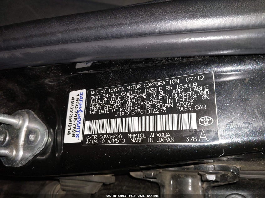 2012 Toyota Prius c VIN JTDKDTB38C1016273 IAAI salvage auction — REAR END, Salvage (Oregon), sold $1,750 on 2026-07-08 (photo 9)