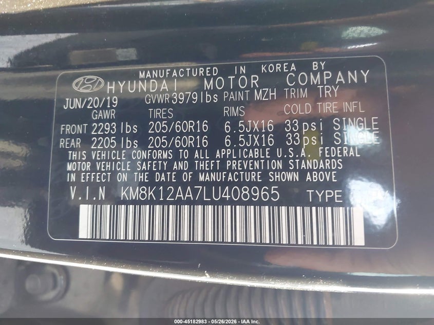 2020 Hyundai Kona VIN KM8K12AA7LU408965 IAAI salvage auction — HAIL, Clear (Missouri), sold $2,375 on 2026-07-20 (photo 9)