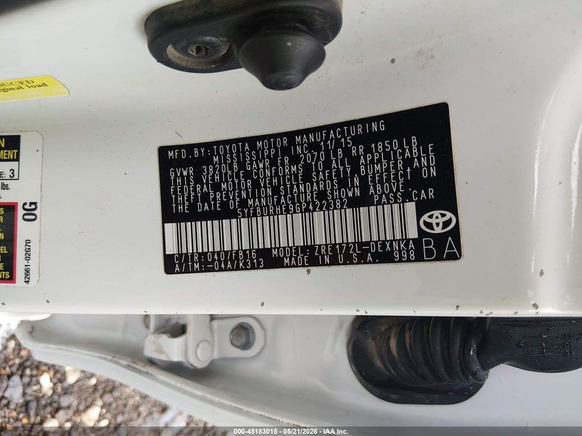 2016 Toyota Corolla VIN 5YFBURHE9GP422382 IAAI salvage auction — REAR END, Salvage (Louisiana), sold $2,350 on 2026-08-01 (photo 9)