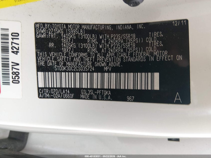 2012 Toyota Sienna VIN 5TDDK3DC2CS035724 IAAI salvage auction — REAR END, Salvage (Illinois), sold $3,350 on 2026-07-29 (photo 9)