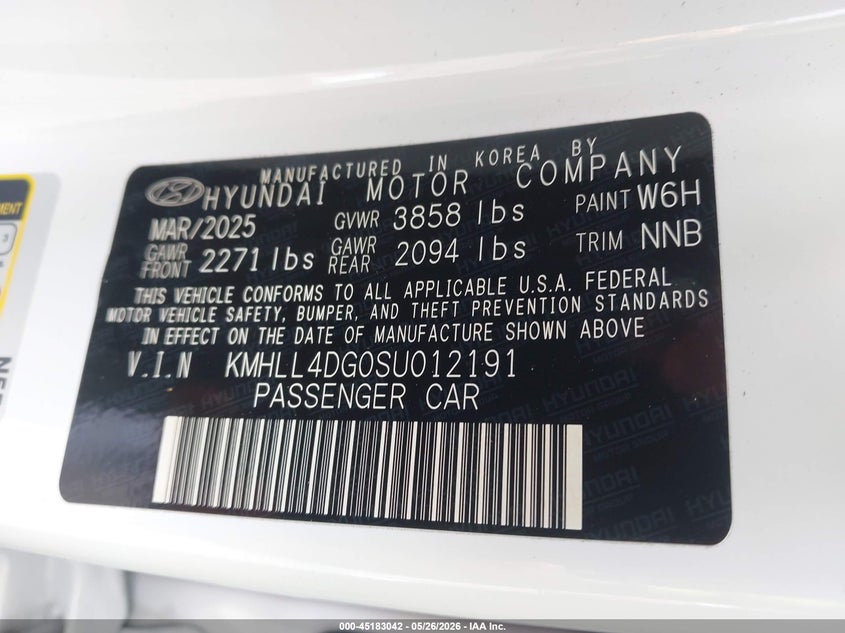 2025 Hyundai Elantra VIN KMHLL4DG0SU012191 IAAI salvage auction — FRONT END, Salvage (California), sold $525 on 2026-07-28 (photo 9)