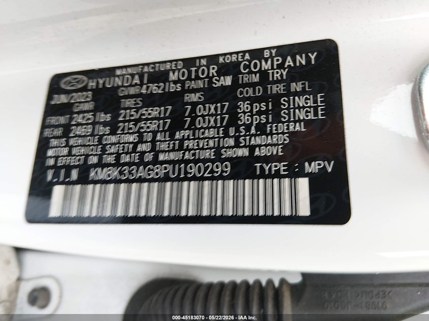 2023 Hyundai VIN KM8K33AG8PU190299 IAAI salvage auction — RIGHT REAR, Certificate Of Destruction (Florida), sold $5,600 on 2026-07-10 (photo 9)