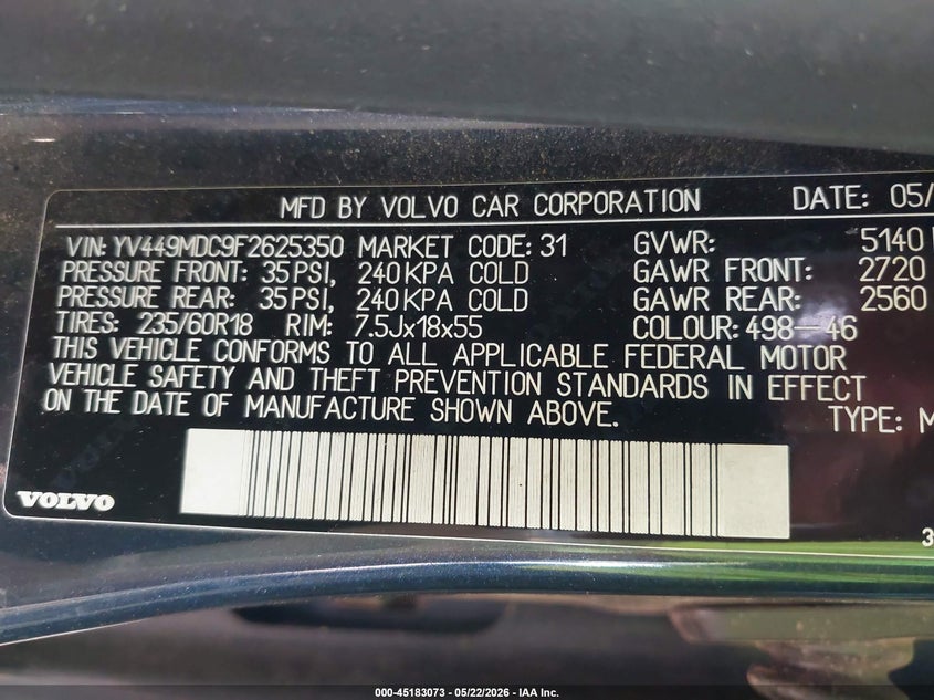 2015 Volvo Xc60 VIN YV449MDC9F2625350 IAAI salvage auction — RIGHT SIDE, Salvage (Texas), sold $1,300 on 2026-07-23 (photo 9)