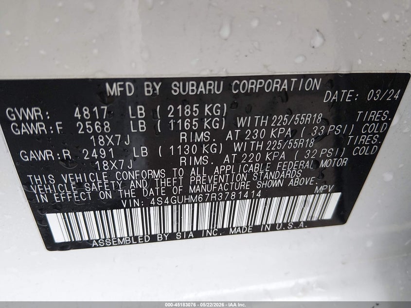 2024 Subaru Xv VIN 4S4GUHM67R3781414 IAAI salvage auction — FRONT END, Salvage (Kansas), sold $7,850 on 2026-07-25 (photo 9)