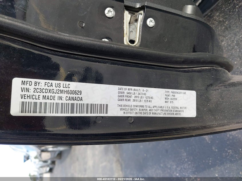 2021 Dodge Charger VIN 2C3CDXGJ2MH600629 IAAI salvage auction — THEFT, Rebuildable (Florida), sold $8,100 on 2026-08-02 (photo 9)