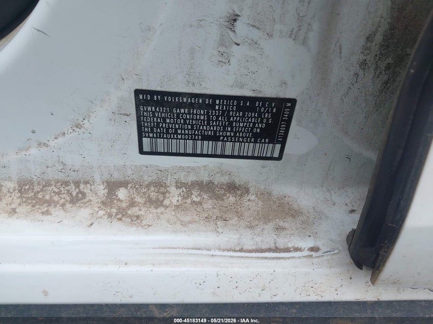 2019 Volkswagen Golf gti VIN 3VW6T7AUXKM002749 IAAI salvage auction — RIGHT FRONT, Salvage (Virginia), sold $3,750 on 2026-07-07 (photo 9)