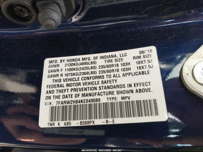 2019 Honda Cr-v VIN 7FARW2H84KE049089 IAAI salvage auction — LEFT SIDE, Salvage (Utah), sold $6,100 on 2026-07-09 (photo 9)