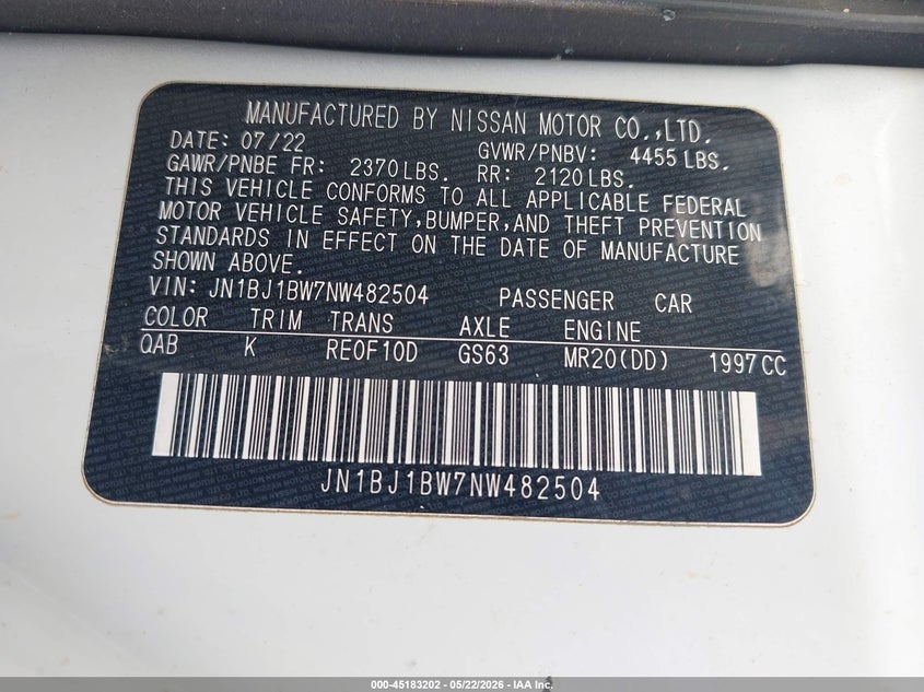 2022 Nissan Rogue VIN JN1BJ1BW7NW482504 IAAI salvage auction — LEFT SIDE, Certificate Of Destruction (Florida), sold $2,550 on 2026-07-21 (photo 9)