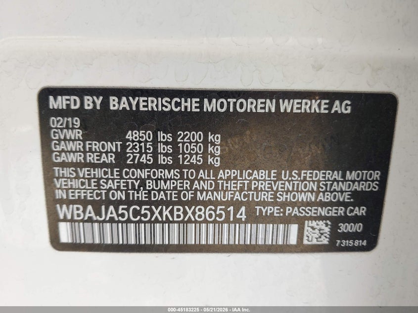 2019 BMW 5er VIN WBAJA5C5XKBX86514 IAAI salvage auction — FRONT END, Salvage (California), sold $2,600 on 2026-07-14 (photo 9)
