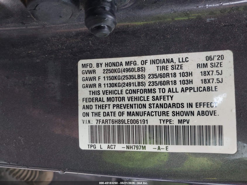 2020 Honda Cr-v VIN 7FART6H89LE006191 IAAI salvage auction — FRONT END, Salvage (Texas), sold $7,175 on 2026-07-15 (photo 9)