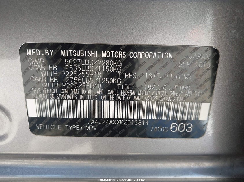 2019 Mitsubishi Outlander VIN JA4JZ4AXXKZ013814 IAAI salvage auction — REAR END, Salvage (California), sold $3,050 on 2026-07-27 (photo 9)