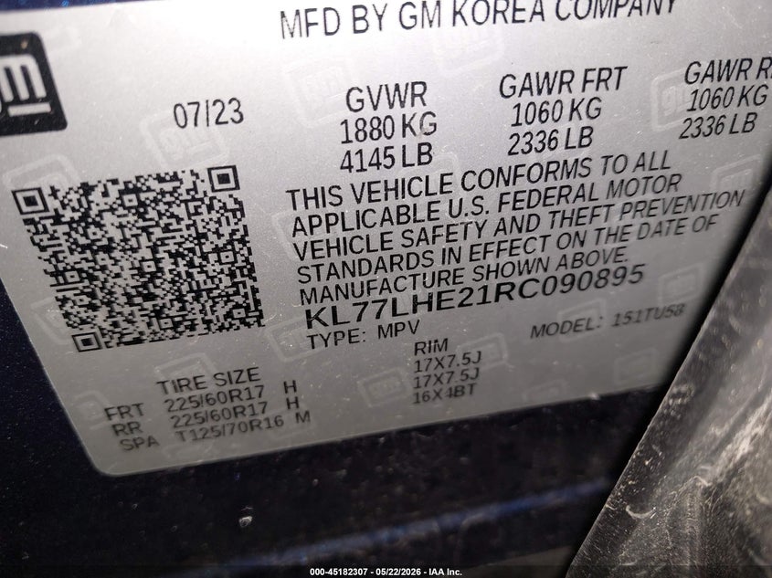 2024 Chevrolet Trax VIN KL77LHE21RC090895 IAAI salvage auction — HAIL, Salvage (Iowa), sold $8,875 on 2026-07-14 (photo 9)