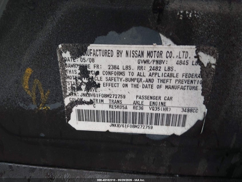 2008 Infiniti G VIN JNKBV61F08M272759 IAAI salvage auction — NORMAL WEAR, Original (Ohio), sold $350 on 2026-07-07 (photo 9)