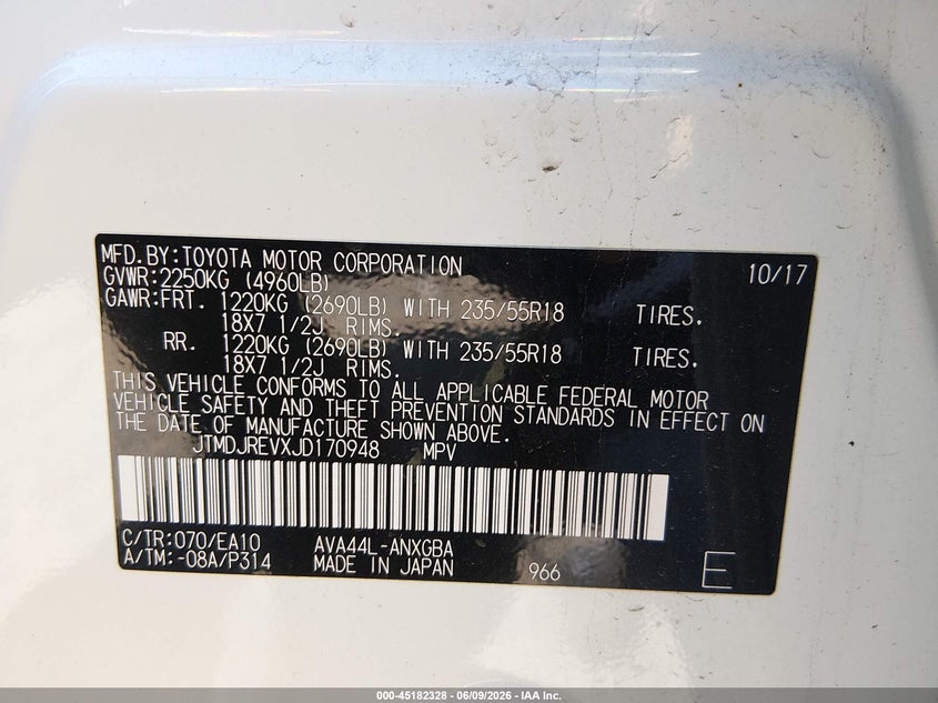 2018 Toyota Rav 4 VIN JTMDJREVXJD170948 IAAI salvage auction — REAR END, Salvage Title, sold $25 on 2026-07-29 (photo 9)