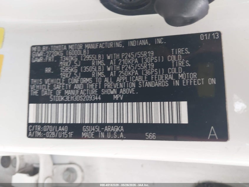 2013 Toyota Highlander VIN 5TDDK3EH3DS209344 IAAI salvage auction — HAIL, Clear (Missouri), sold $4,825 on 2026-07-06 (photo 9)