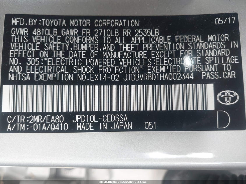 2017 Toyota Mirai VIN JTDBVRBD1HA002344 IAAI salvage auction — FRONT END, Salvage (California), sold $1,000 on 2026-07-05 (photo 9)